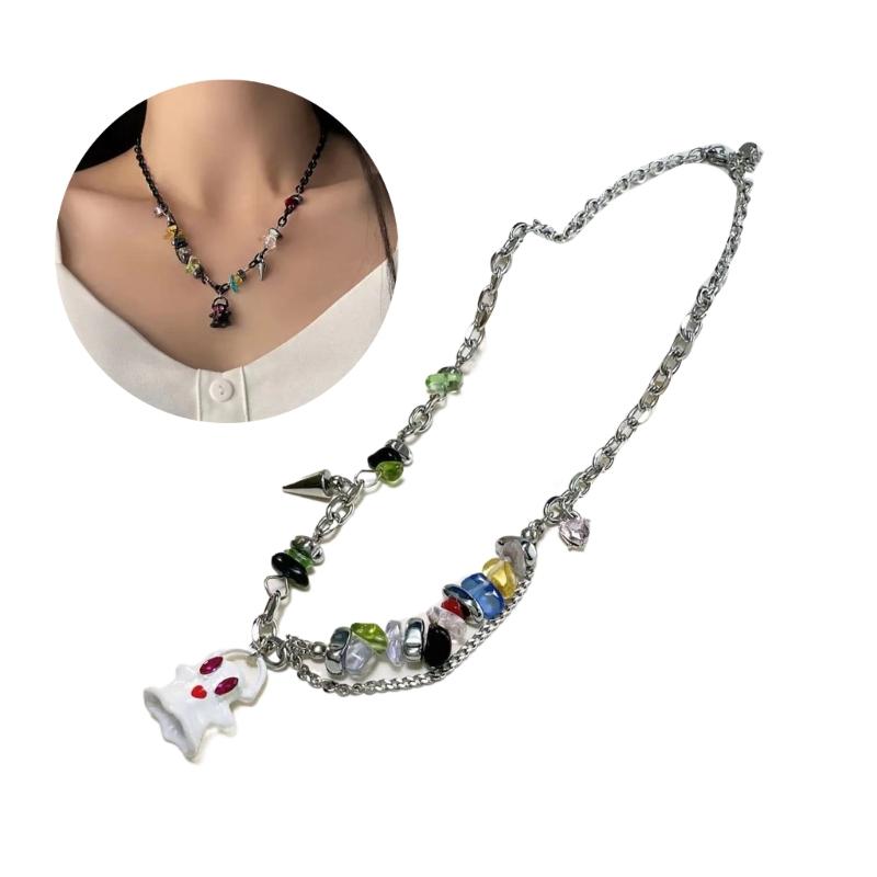 Adjustable Collarbone Chain Colorful Specter Pendant Necklace Stylish Beaded Bracelet Perfect for Fashion Enthusiasts