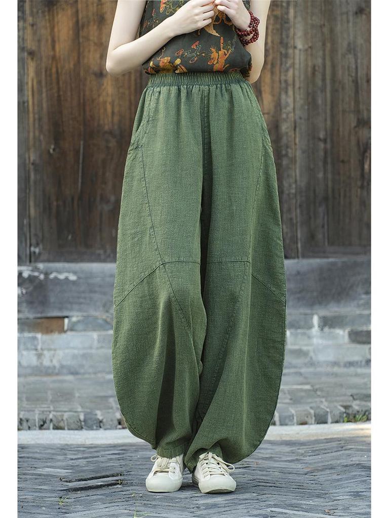 Women's Loose Casual Ramie Lantern Pants - Sand-Washed Distressed Cotton Linen Zen Tai Chi Pants