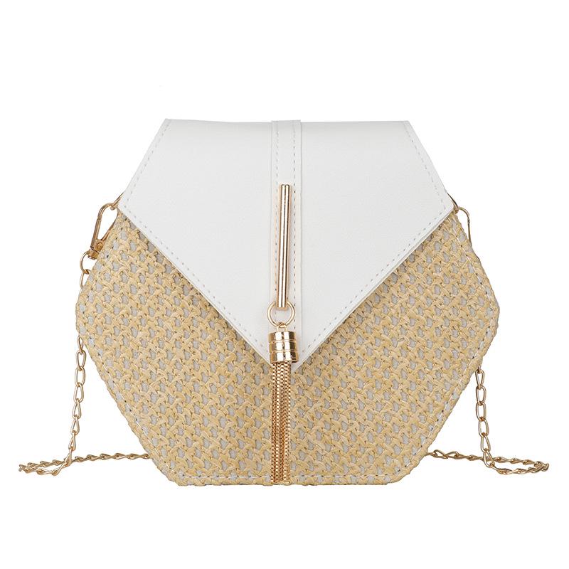 Korean Style Trendy Woven Hexagonal Women's Straw Crossbody Bag with Tassel Chain