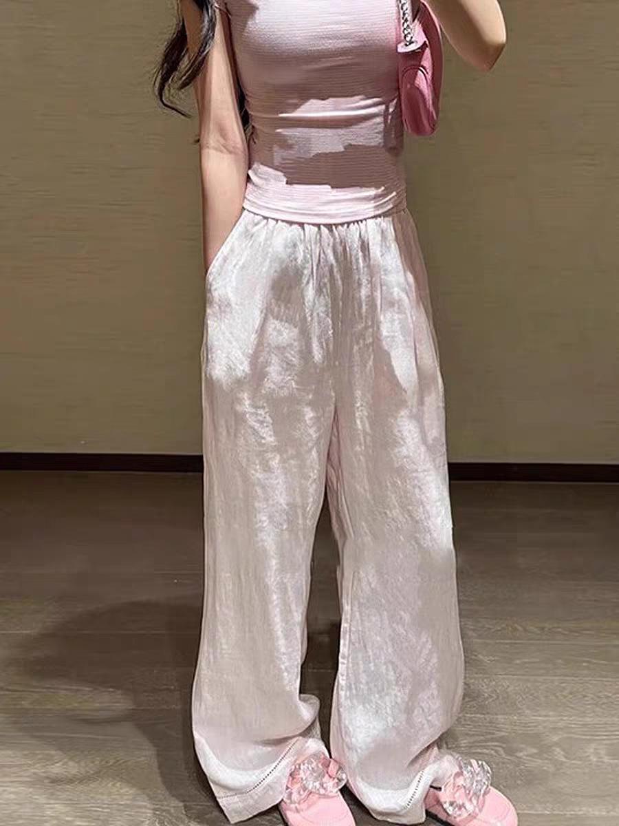 Women s Pink Linen Wide-Leg Pants 2026 - Slimming High-Waist, Straight-Leg for Pear Shape, Petite Summer Style Medium розовый