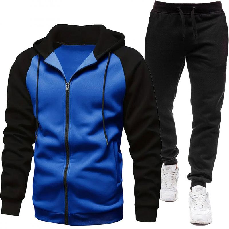 Men Clothes Jacket + Black Sports Pants For Autumn And Winter, Color-Blocked, Fashion Long Sleeve Casual Sweatshirt Set