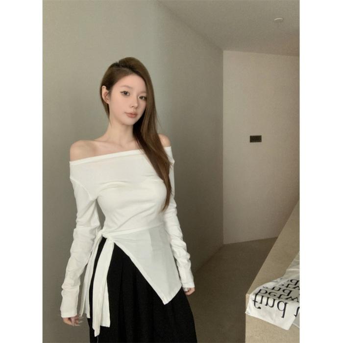 MR [Tmall Quality] One-word Shoulder T-shirt Women's Autumn Sweet Hottie Off-shoulder Waist Slim Strap Split Top
