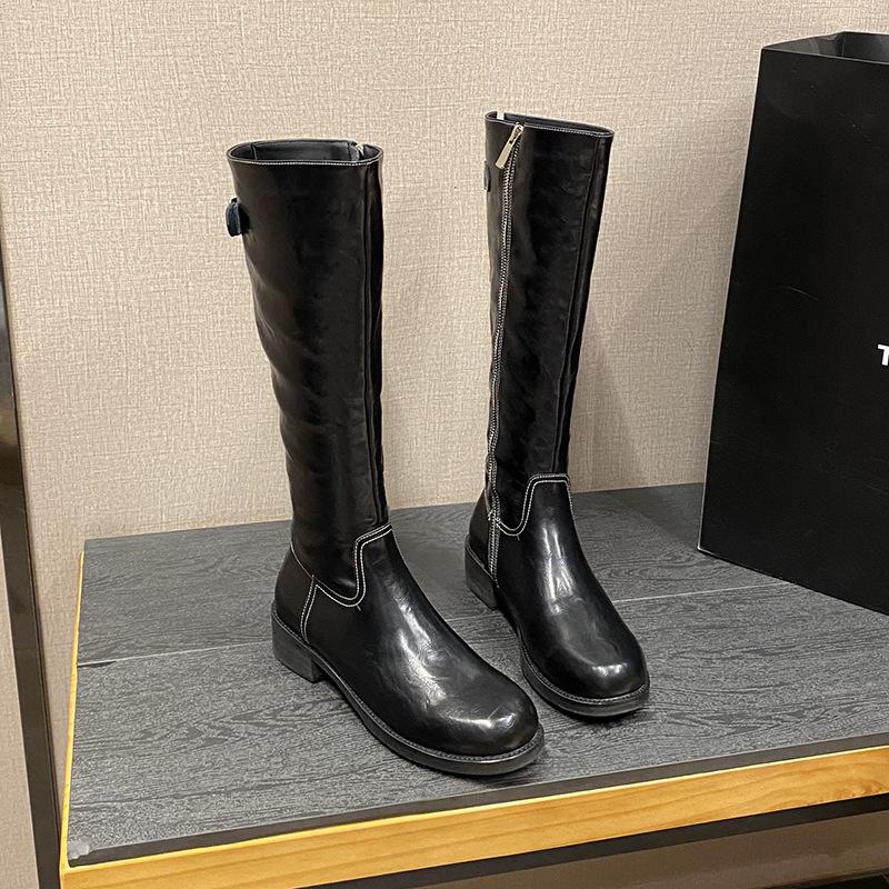 Washed horse leather side zipper increased by 5cm thick heel but knee medium and high boots for women, leather retro knight boots for women