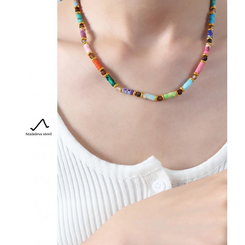 Boho Style Handmade Natural Stone Beaded Necklace Women Geometric Rainbow Pendant Minimalist Fashion Jewelry