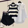 2026 Women's Plus Size Summer Suit: Stylish Striped Vest, Shirt & Denim Shorts Set