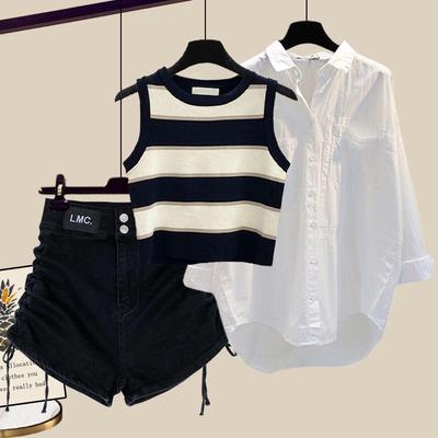 Damen Sommeranzug Übergröße 2026: Stylisches gestreiftes Weste, Hemd & Jeansshorts Set