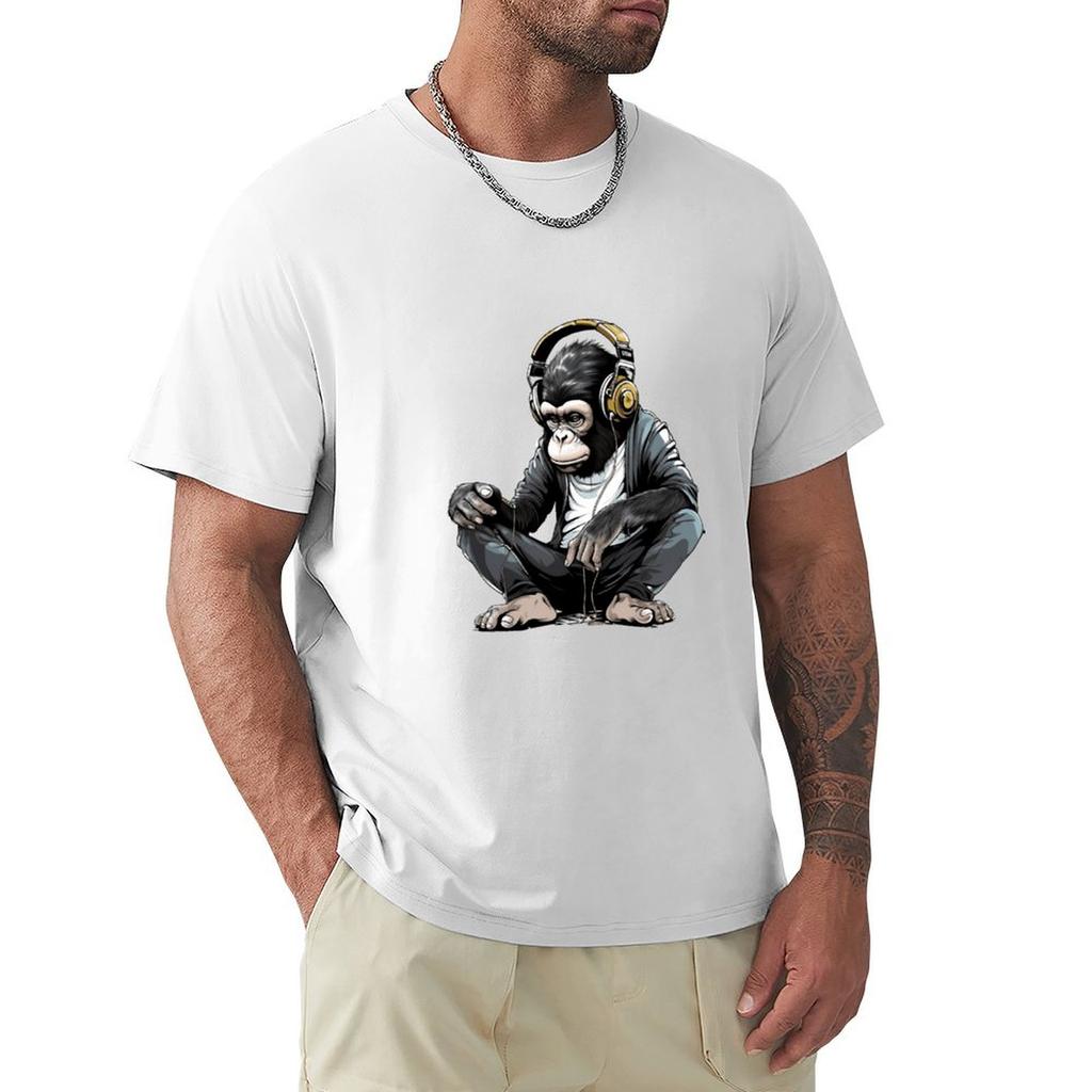 Banksy DJ Monkey Thinker with Headphones TShirt Short sleeve tee graphic tee shirt funny costumes t shirt men