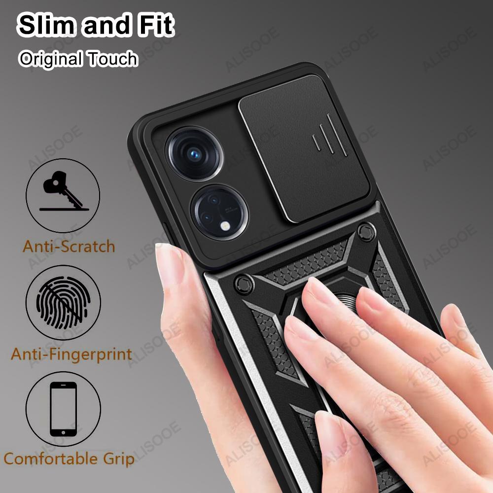 Custodia Per Oppo Reno8 T 4G Con Protezione Fotocamera Scorrevole E Anello Porta - Cover Anti-Caduta Blu Con Supporto Magnetico