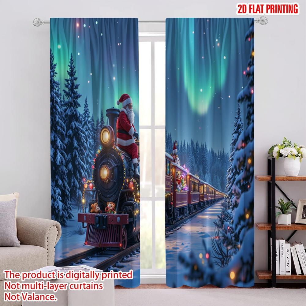 

2pcs 2D flat printing Merry Christmas Popular Curtain Christmas train scene 100% Polyester Without Electricity Family Party Use 100*130 Grommet Top 1pcs