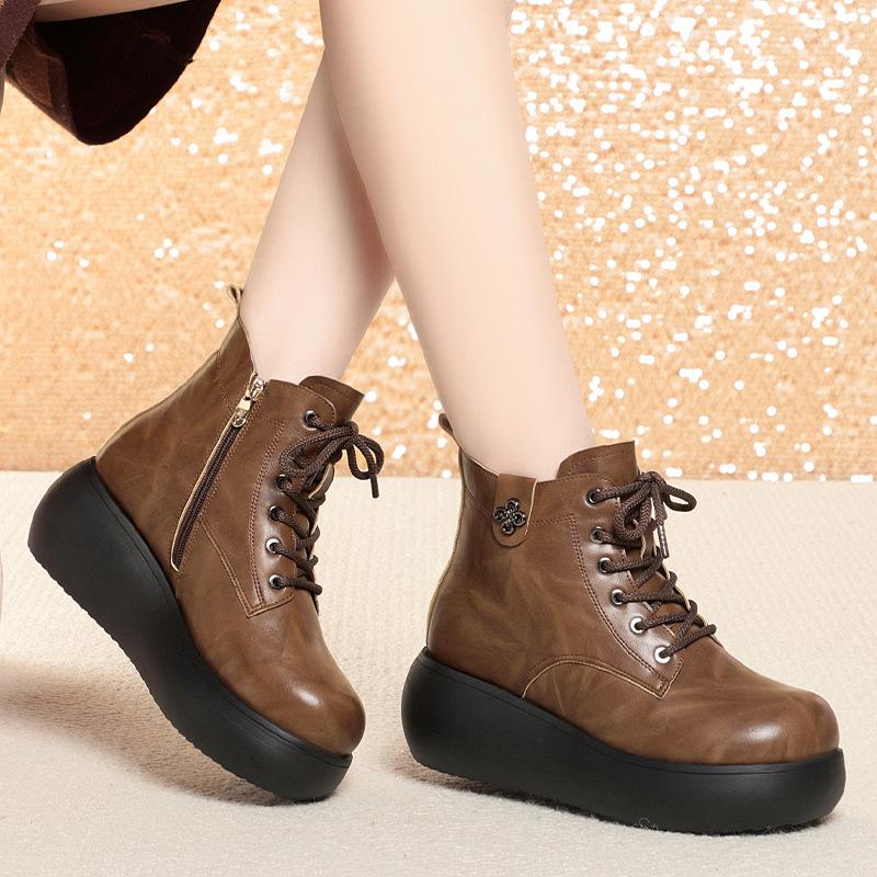 6cm Comfortable Thick Bottom Platform Shoes Soft Leather Boots Winter 2025 Med Heels Wedges Short Fur Snow Ankle Boots for Mom