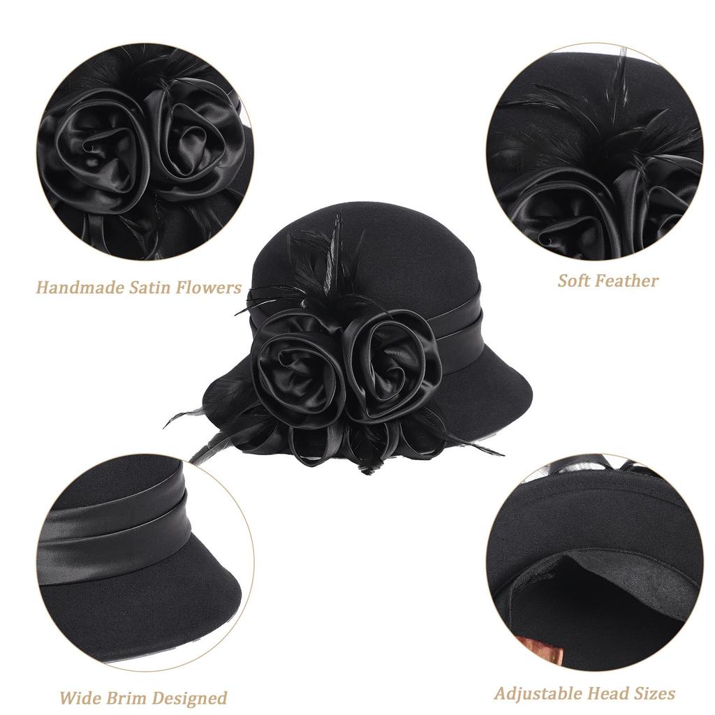 Vintage 1920s Wool Cloche Hat Black Elegant Floral Feather Church Fascinator Hat Derby Dress Hat with Satin Rose Embellishment