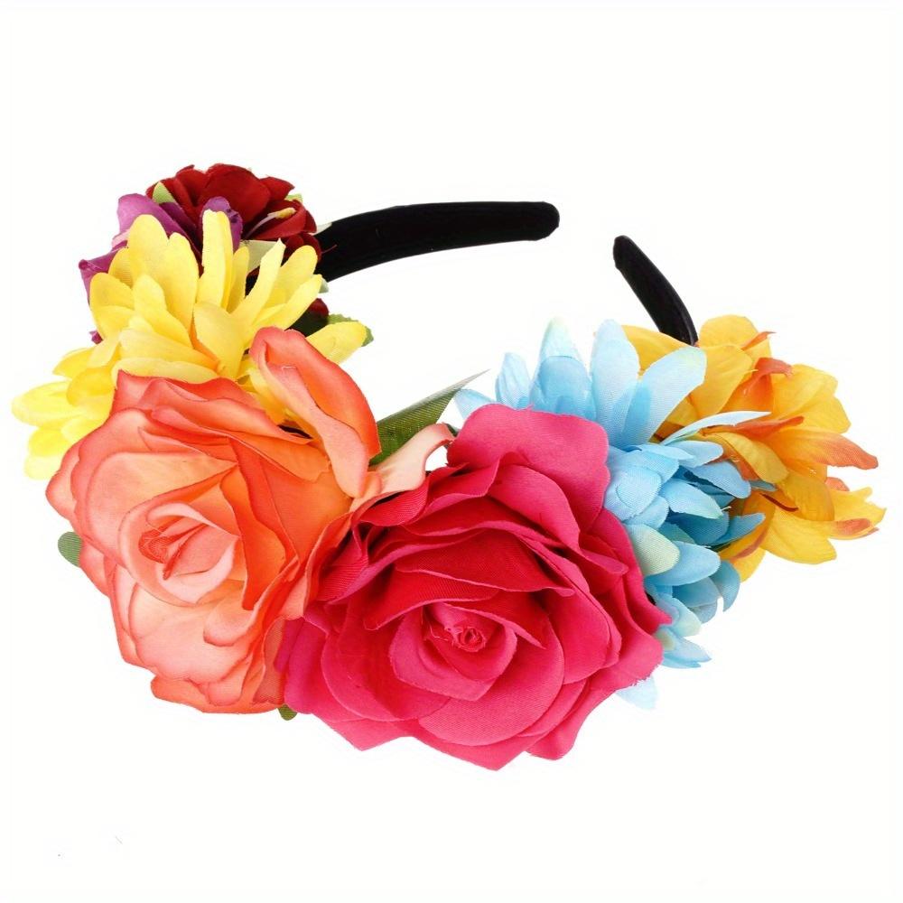 Mexican Rose Flower Crown Headband Day of The Dead Floral Rose Crown Headband Headpiece for Halloween Costume Party Headbands with Colorful Flowers