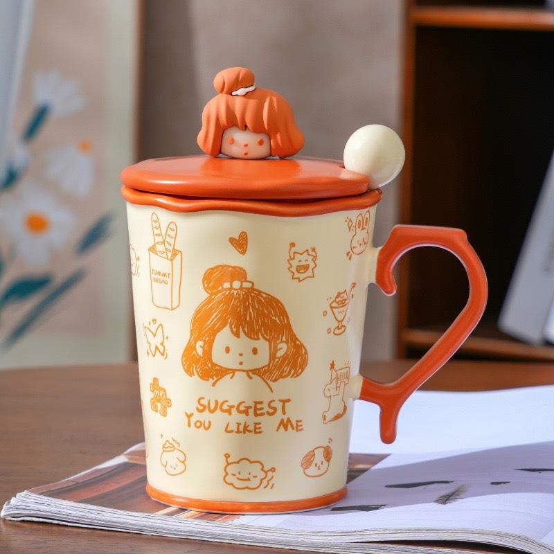 Graffiti Mug with Lid Spoon Ceramic Water Cup Couple with Large Capacity Hand Painted Gift for Girls Niche Birthday Gift