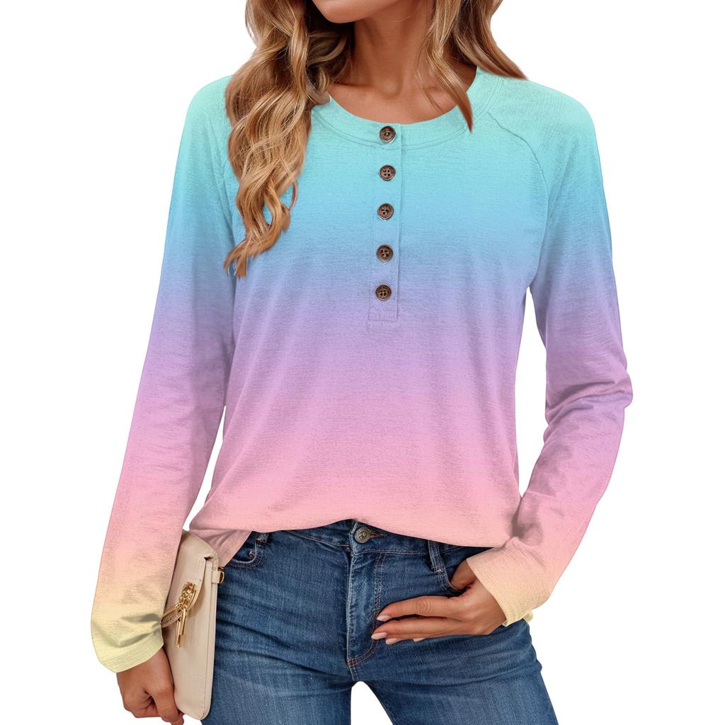 Women's Fashionable Gradient Print Round Neck Long-sleeved Top