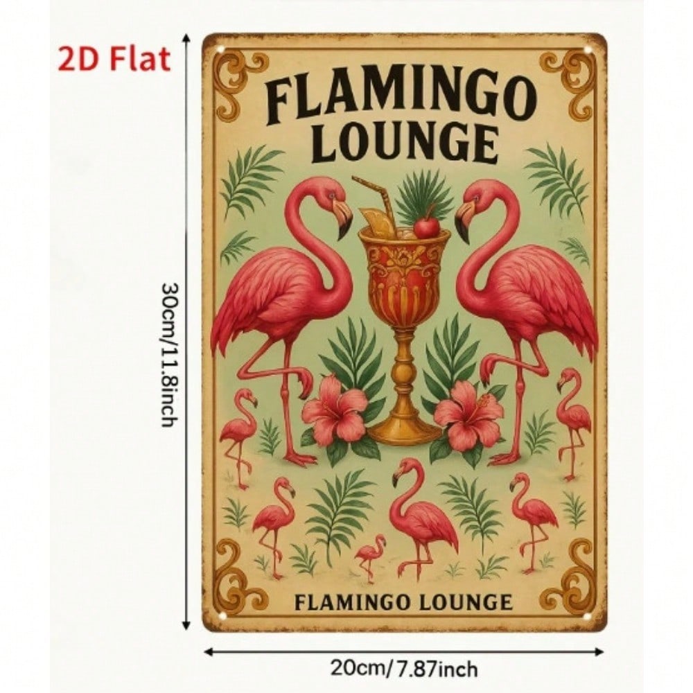 Vintage plechová cedule Flamingo Lounge, 2D tištěné tropické nástěnné umění, Retro dekorativní akcent pro Tiki bar a pánskou jeskyni