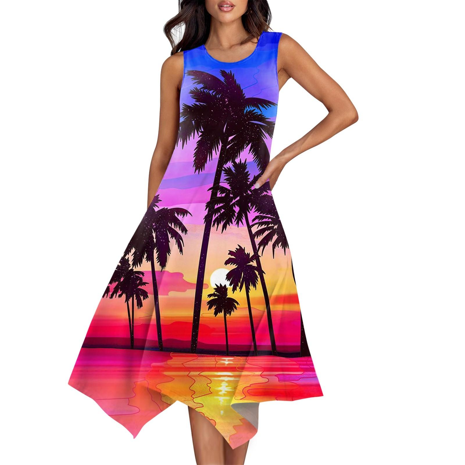 

Женские летние модные платья миди с круглым вырезом без рукавов и гавайским принтом с нерегулярным подолом S киноварь