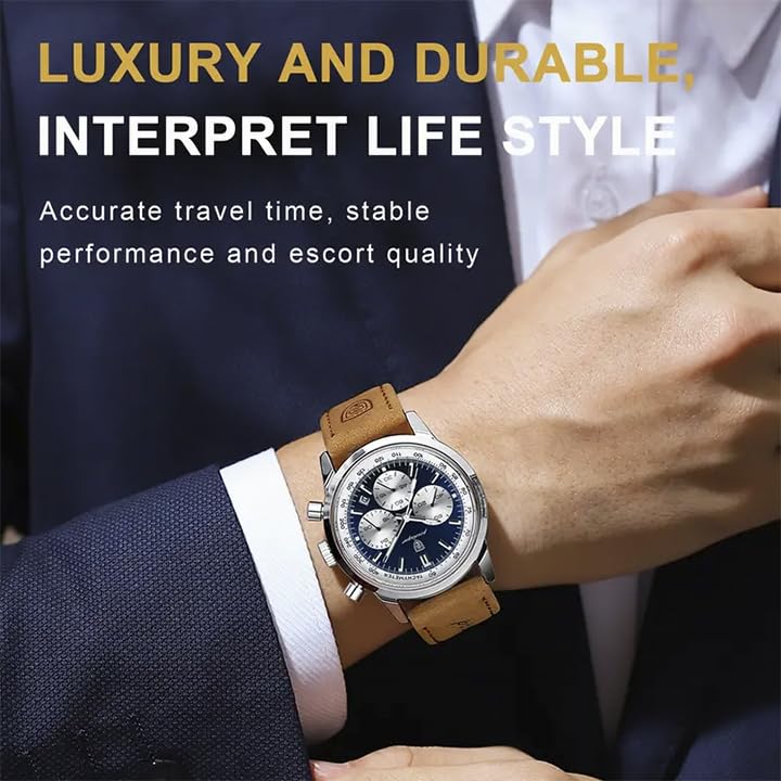 POEDAGAR Men's Quartz Chronograph Watch, Stylish, Perfect for School or Student Use, Silver and Navy, Leather [Parallel Import]