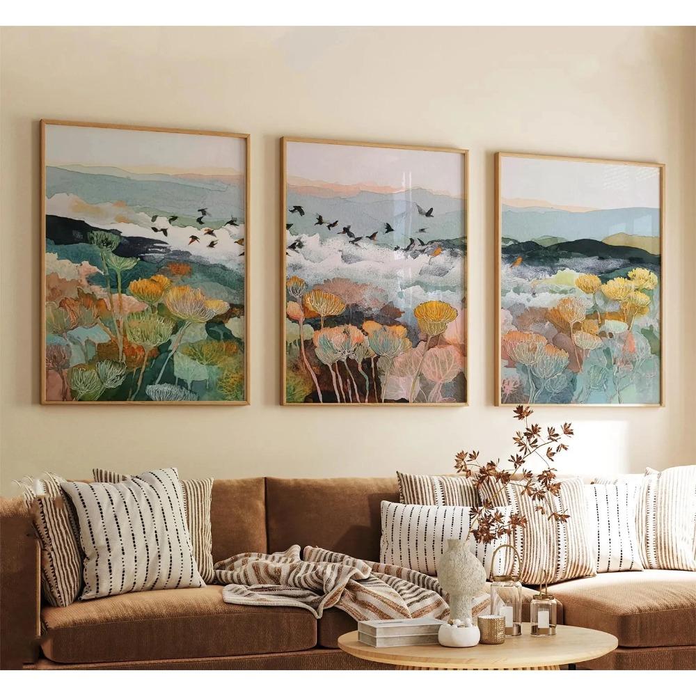 Boho Floral Meadow Wall Art Set, Abstract Wildflower Bird Landscape Canvas Prints, Soft Pastel Nature Home Decor Perfect Gifts