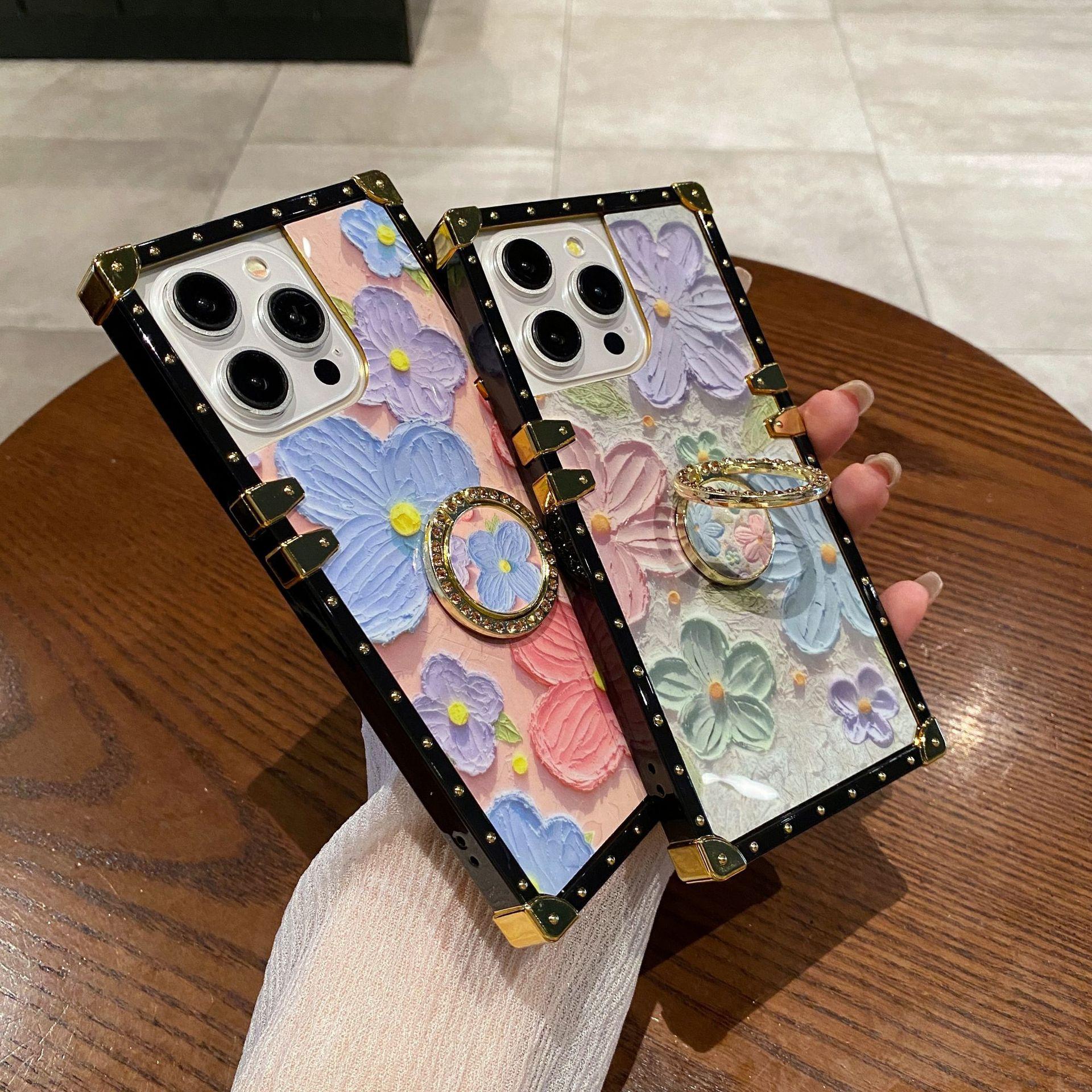 

For iPhone 15 Pro Max Case Oil Painting Flower PC+TPU Phone Cover with Ring Kickstand Pink