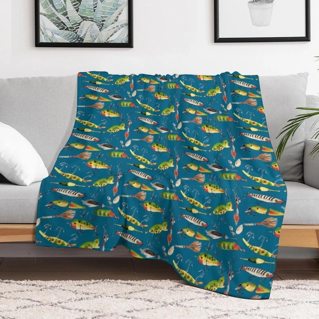 Vintage Fishing Lures Throw Blanket Outdoor Soft Blanket for Picnic Beach Camping