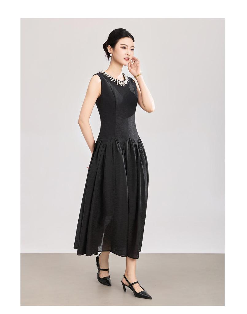 High-Quality Beaded Tencel Crepe Waist-Cinched French Aristocratic Style Tea Party Dress for Women