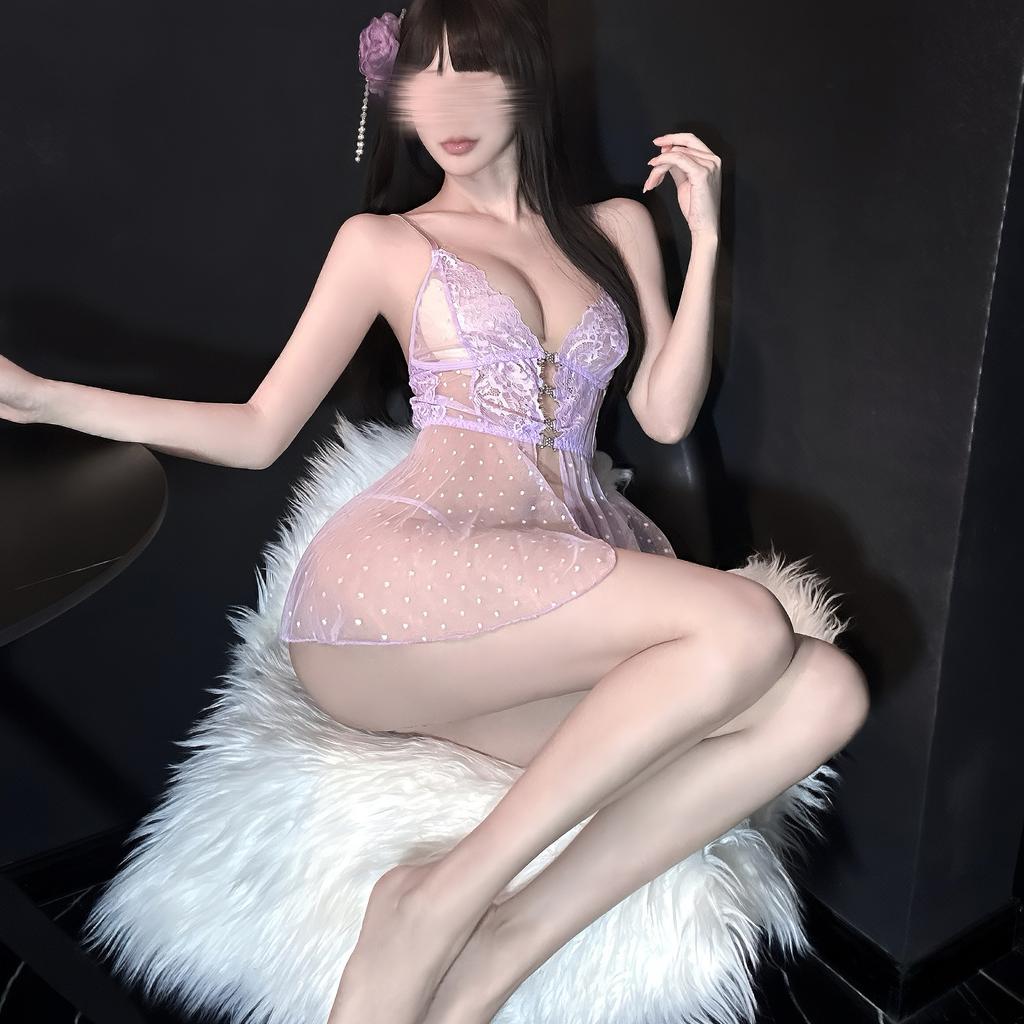 Sex Clothes Sexy Polka Dot Perspective Mesh Lace Crystal Buckle Suspender Nightdress Abstinence Suit