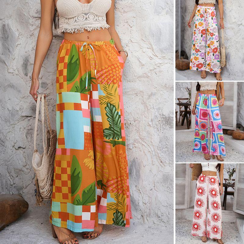 Cross-Border Foreign Trade Women clothes 2025 Spring Summer European and American Bohemian Holiday Style Rayon Printing Versatile Casual Pants