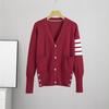 Women's Red Knit V-Neck Cardigan - Short Jacket, Trendy 2025 Style