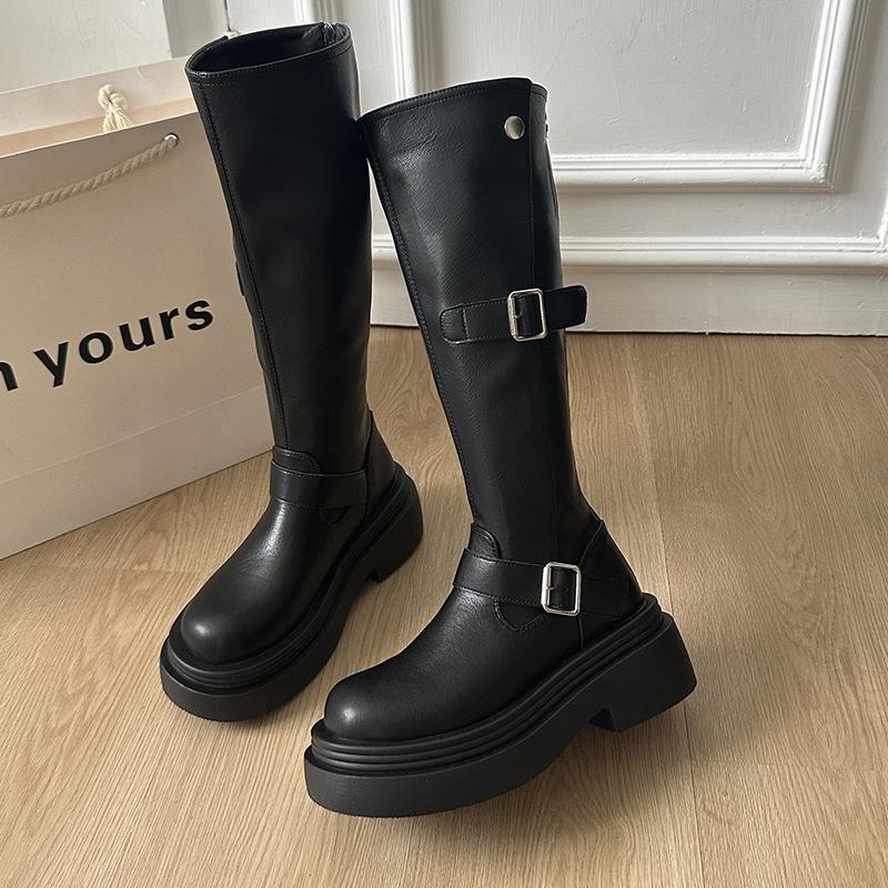 Thick heel thick sole thin elastic boots boots women's 2025 new autumn and winter brown small tall knight boots