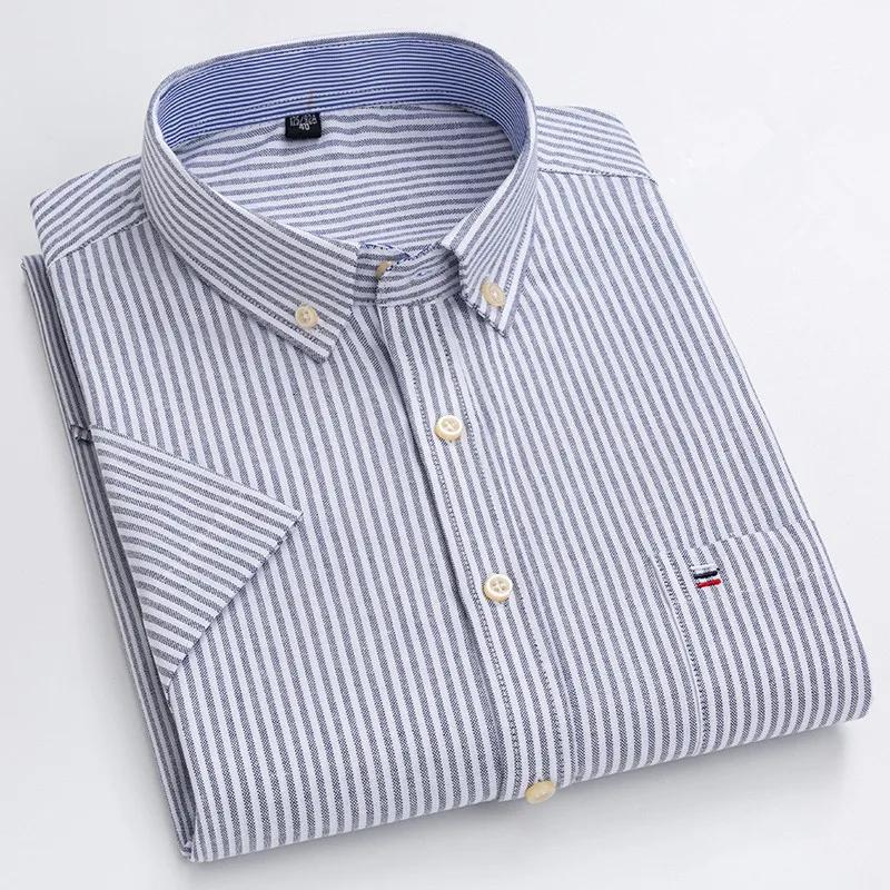 Cămașă bărbătească Oxford din bumbac de înaltă calitate, cu mânecă scurtă, pentru confort de vară, respirabilă, clasică, culoare uni, carouri, business, casual