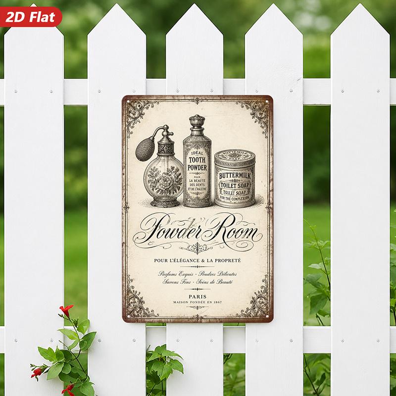 Vintage Powder Room Metal Sign with Perfume Bottle, Tooth Powder, and Buttermilk Soap