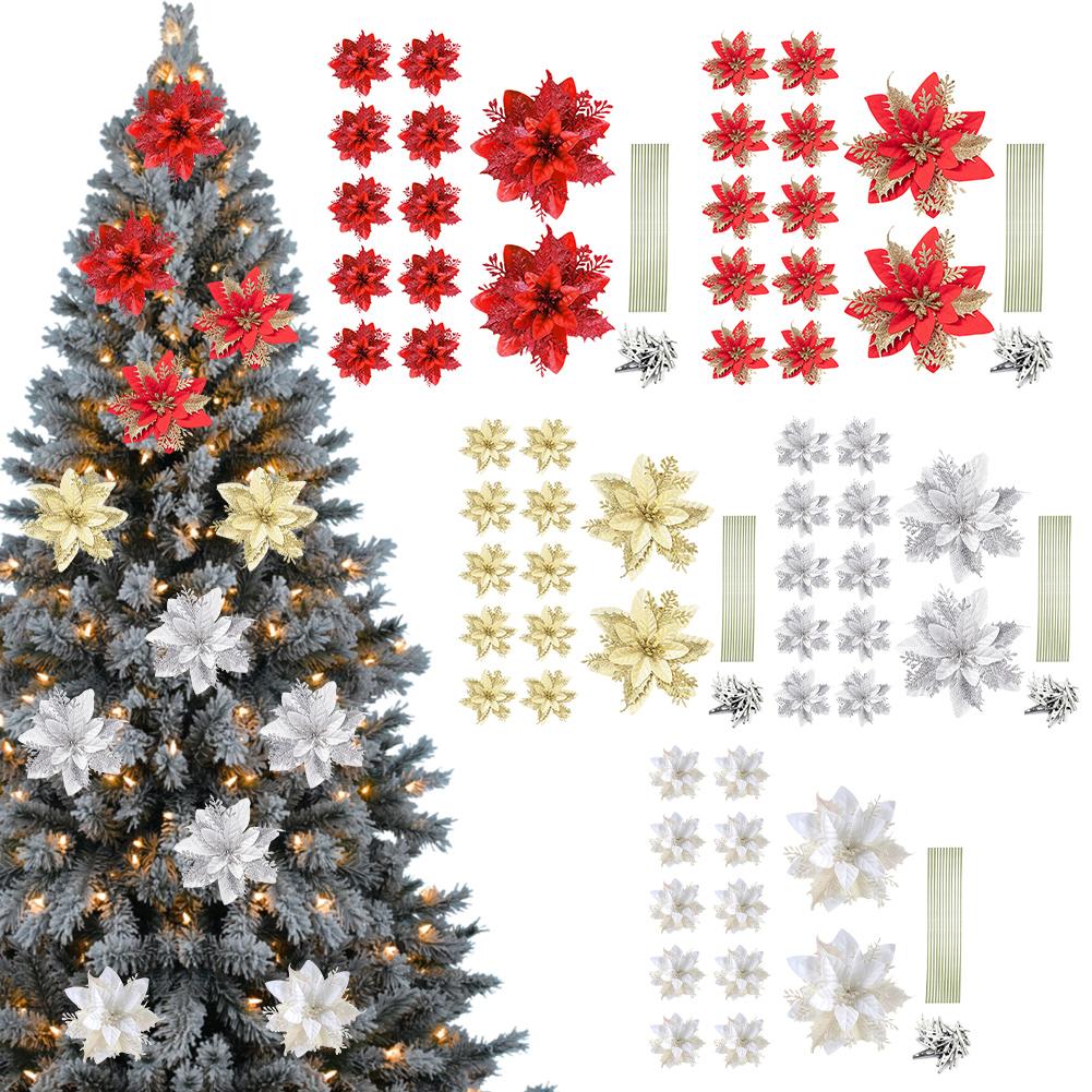 12Pcs Christmas Poinsettia Christmas Tree Flowers Ornaments Decorative DIY Wreath 14cm with Clips for Stairs Window Fireplace
