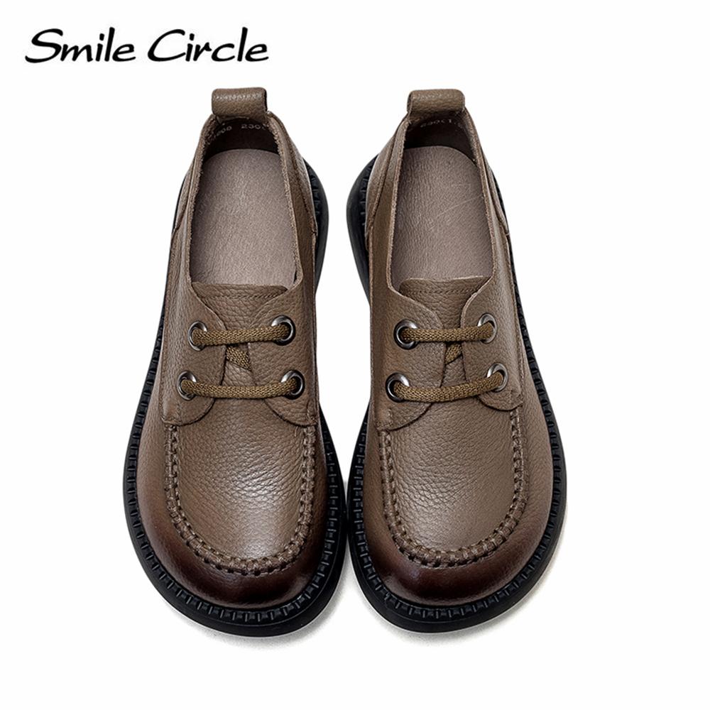 Damen-Schuhe aus Naturleder, klobige, flache Schuhe, zum Schnüren, modische Freizeitschuhe, niedrige Oberseite, runder Kopf, Damen-Arbeitsschuhe