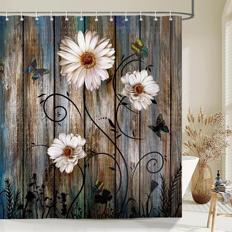 1 Pc Blue Rose Patterned Polyester Material Shower Curtain Waterproof Fabric, Flowers Print Bathroom Curtain Partition Curtain