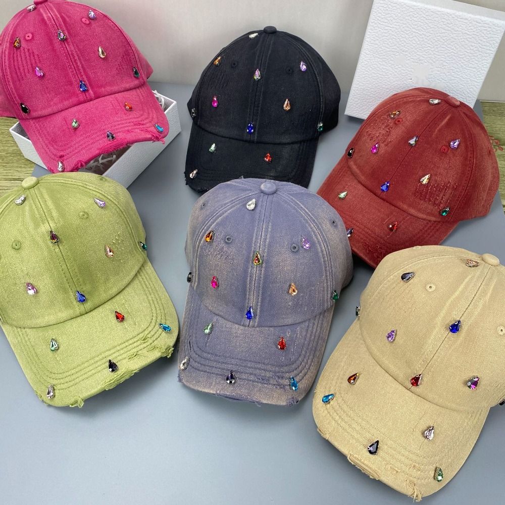 Creative Colorful Rhinestones Baseball Cap Distressed Design Cotton Sunscreen Hat Fashion Solid Color Sunshade Hat Outdoor