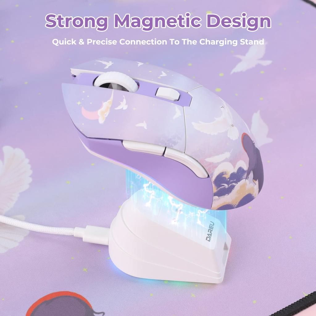 DAREU Gaming Mouse Wireless Wireless USB Connectable Ultra Light 85g Ergonomic Cute 12000DPI Charging Dock Included Programmable EM901X Year