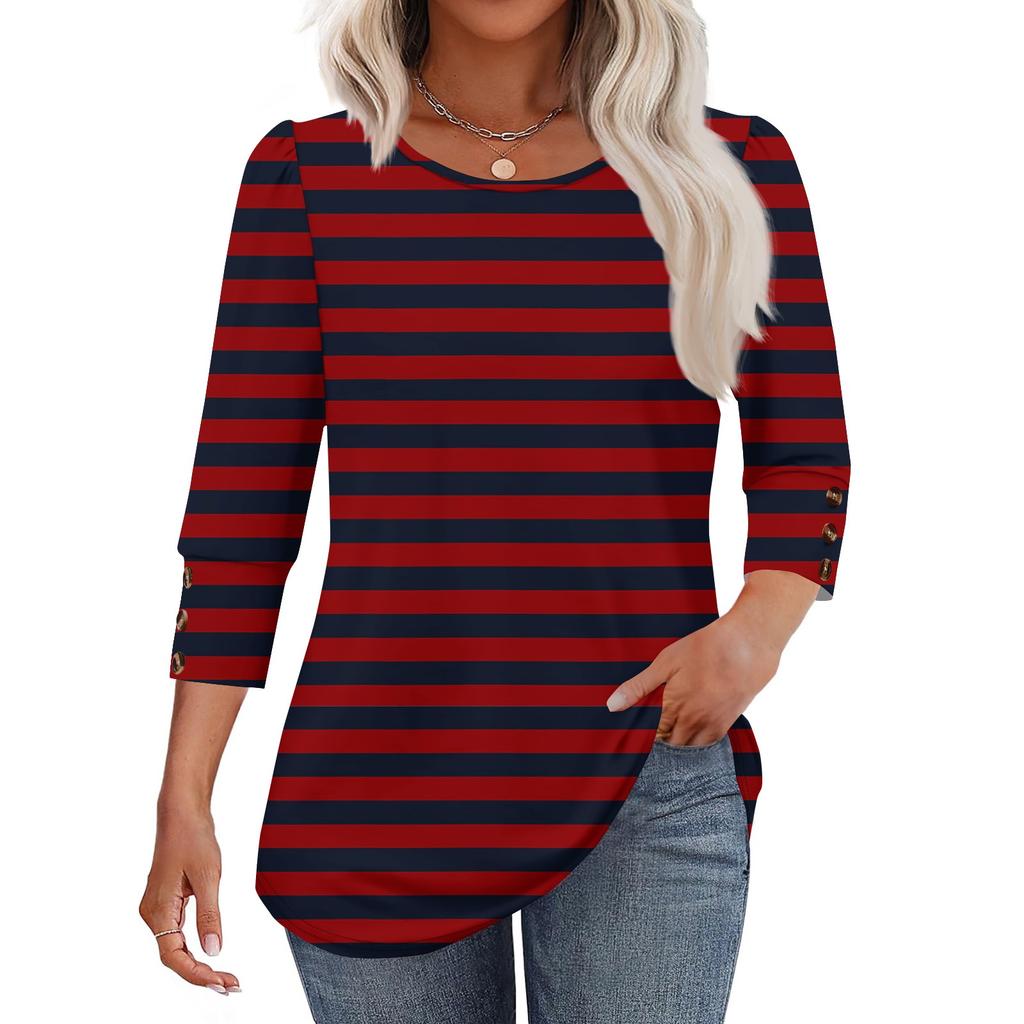 Damenmode Lässiges T-Shirt Top mit Streifenmuster, Rundhalsausschnitt und Sieben-Ärmeln
