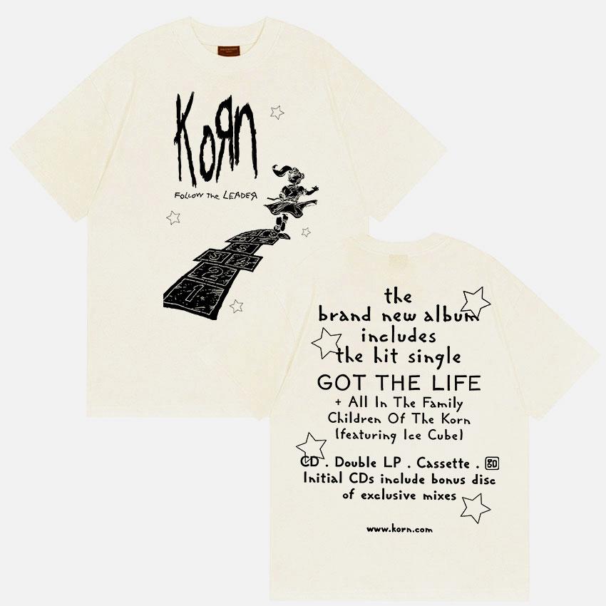Rock Korn Follow The Leader Double Sided Print T Shirt Men Women Retro Harajuku Fashion Cotton Short Sleeve T-shirts Streetwear