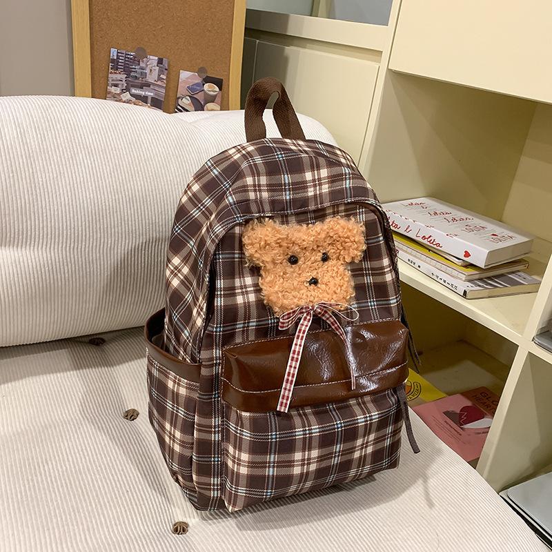 Plaid Backpack Female Retro Junior High School Students High School Students Cute Puppy Leisure Backpack.