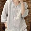 Women's Loose Cotton-Linen Cardigan Top with 3/4 Sleeves