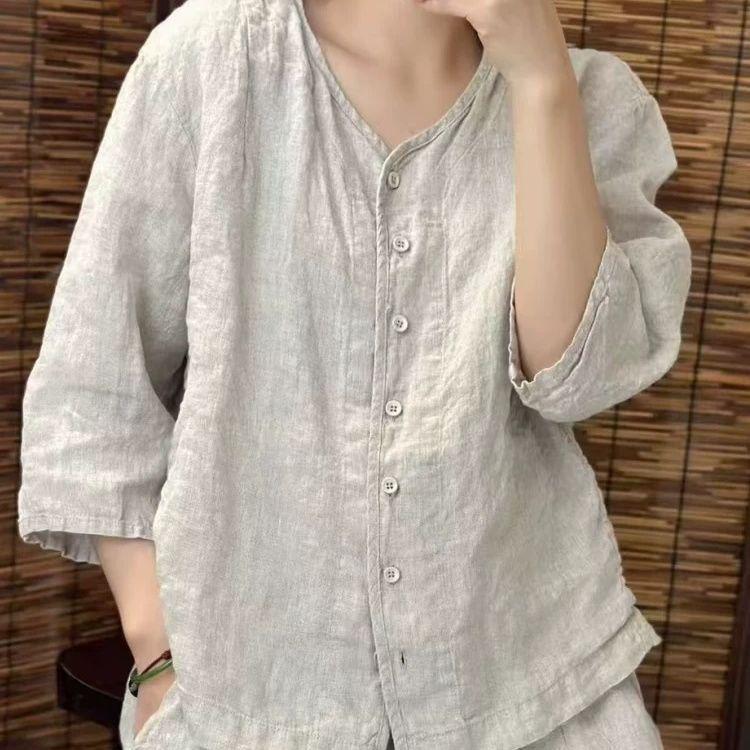 Women's Loose Cotton-Linen Cardigan Top with 3/4 Sleeves