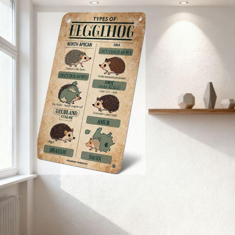 Vintage 'Types of Hedgehog' Educational Metal Sign - North African & Soika Hedgehog Varieties Illustrations, Retro Hand-Drawn Po