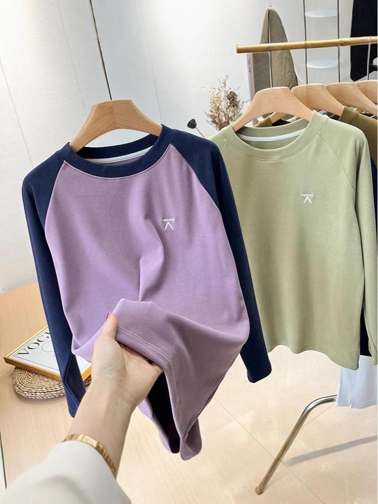 Unisex Outdoor Lightweight Color-Block Patchwork Round Neck Long Sleeve Fleece Base Layer T-Shirt