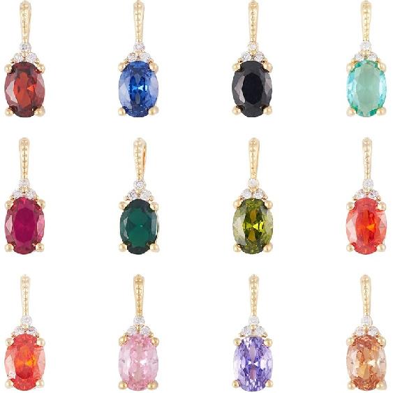 Pandahall 12Pcs 18K Gold Plated Rectangle Charms Cubic Zirconia Birthstone Charms Brass Crystal CZ Stone Pendants with Jump Ring for Jewelry Making