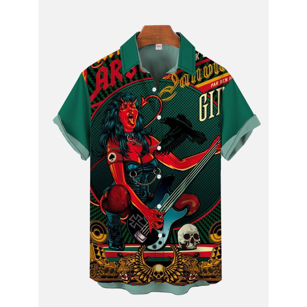 Eye-Catching Fire Electric Guitar Music Elements And Street Scenes3D Printing Short Sleeve Shirts For Men Fashion Hawaiian Shirt