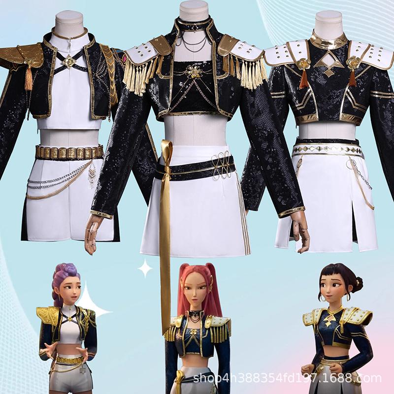 Anime K-POP Caçadores de Demônios Crianças Meninas Fantasia Cosplay Rumi Zoey Mira Roupa Infantil de Role Playing Festa Uniforme Preto Dourado Brilhante