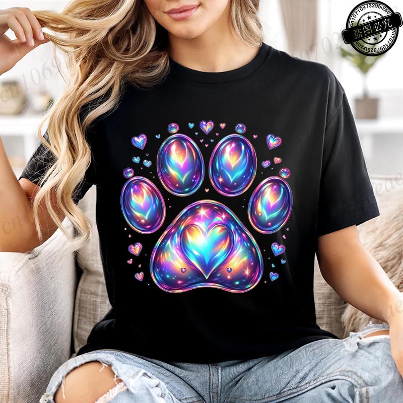 Summer T-shirt Fashion Heart Dogs Paw Print Casual Tops Colorful Heart Paws Printed Tops Cartoon Graphic Printed Tees Black Tops