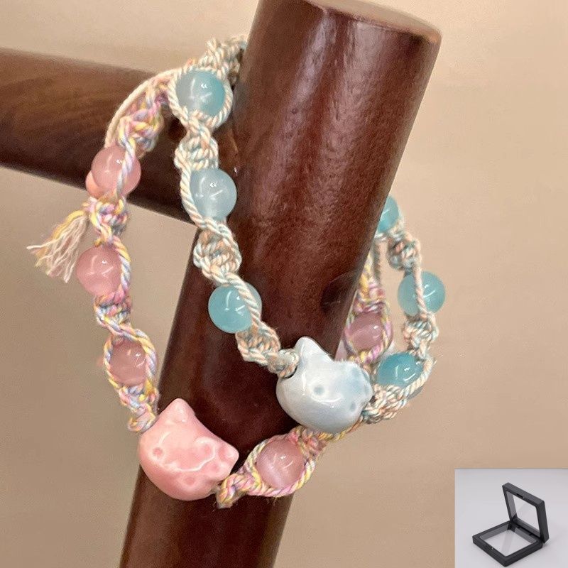 

Милый керамический котенок плетеный браслет из бусин женский дизайн для особых интересов красивый милый милый универсальный браслет украшение Color rope KT cat bracelet combination [gift box]]