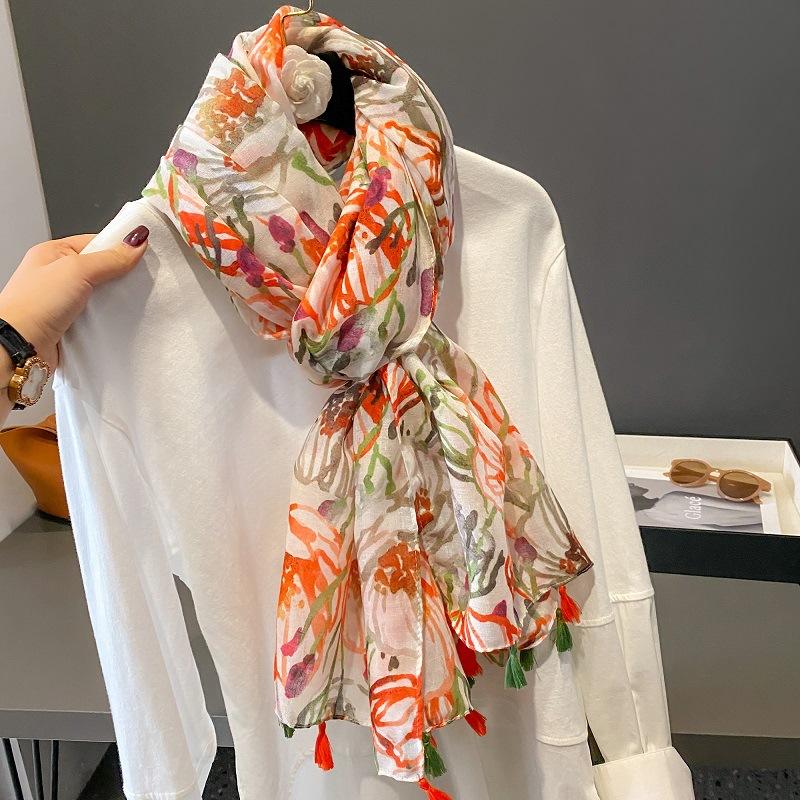 Spain Luxury Fashion Floral Dot Tassel Viscose Shawl Scarf High Quality Wrap Thin Pashmina Stole Bufandas Muslim Hijab 180*90Cm