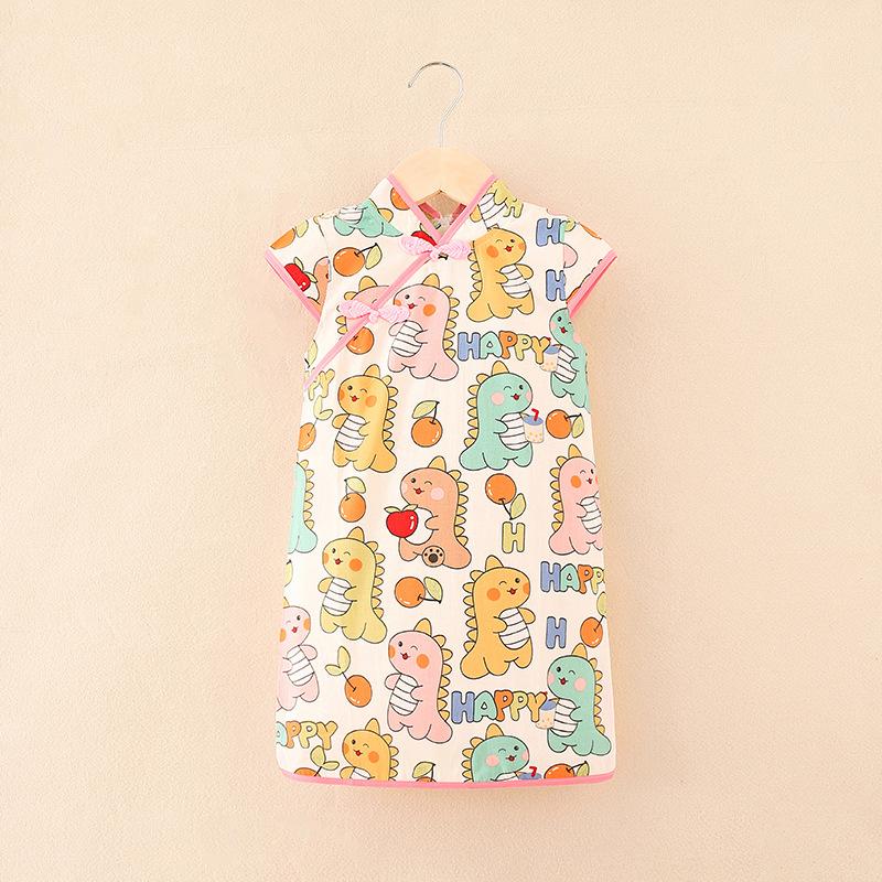 Girls Summer Modified Cheongsam Dress Cartoon Print Ancient Hanfu Skirt Stylish Children Clothing 90cm